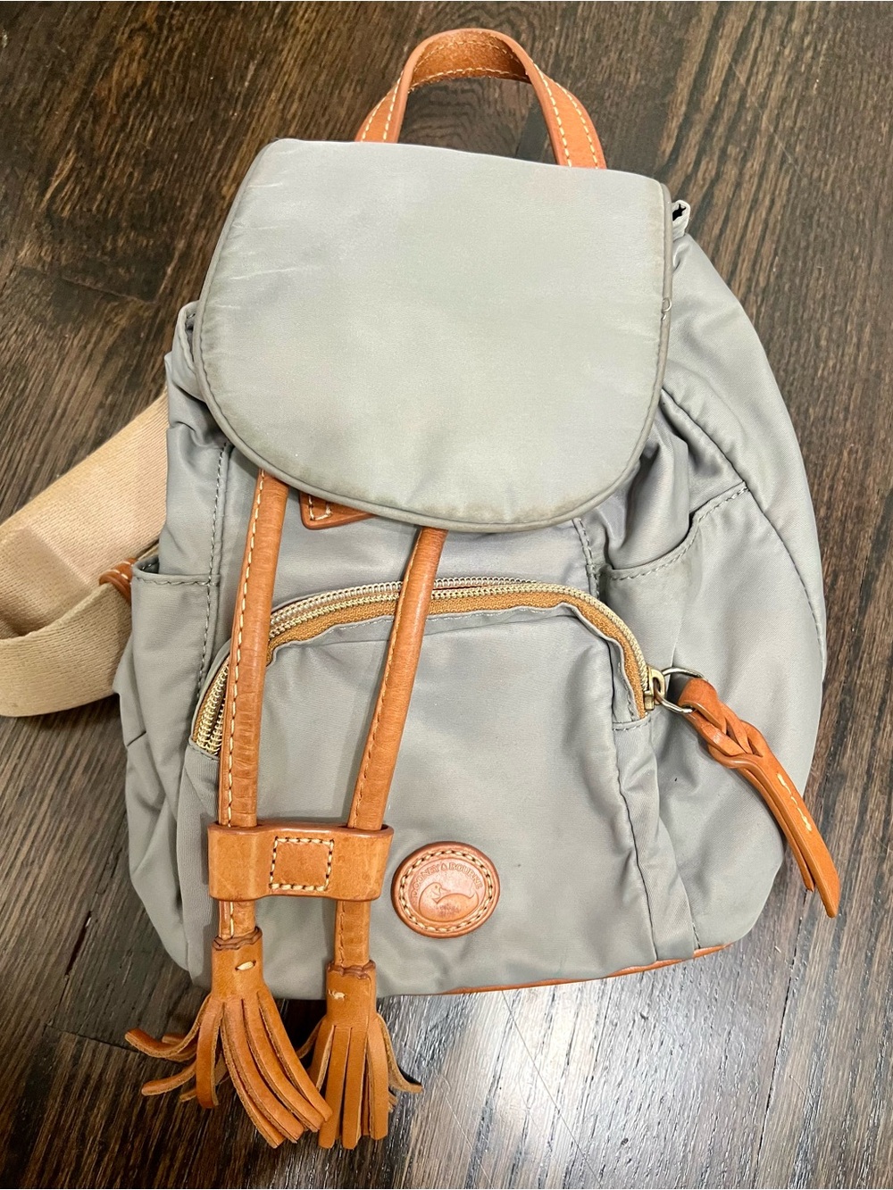 Dooney & Bourke Nylon Mini Backpack Gray Leather Trim Tassel Bag